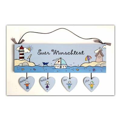 Maritimes Türschild Holz für Familien personalisiert mit Namen, Figuren und Wunschtext. Geschenk für alle Anlässe.