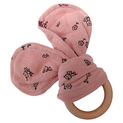 Greifling mit Hasenohren aus Musselin, Beißring rosa geblümt