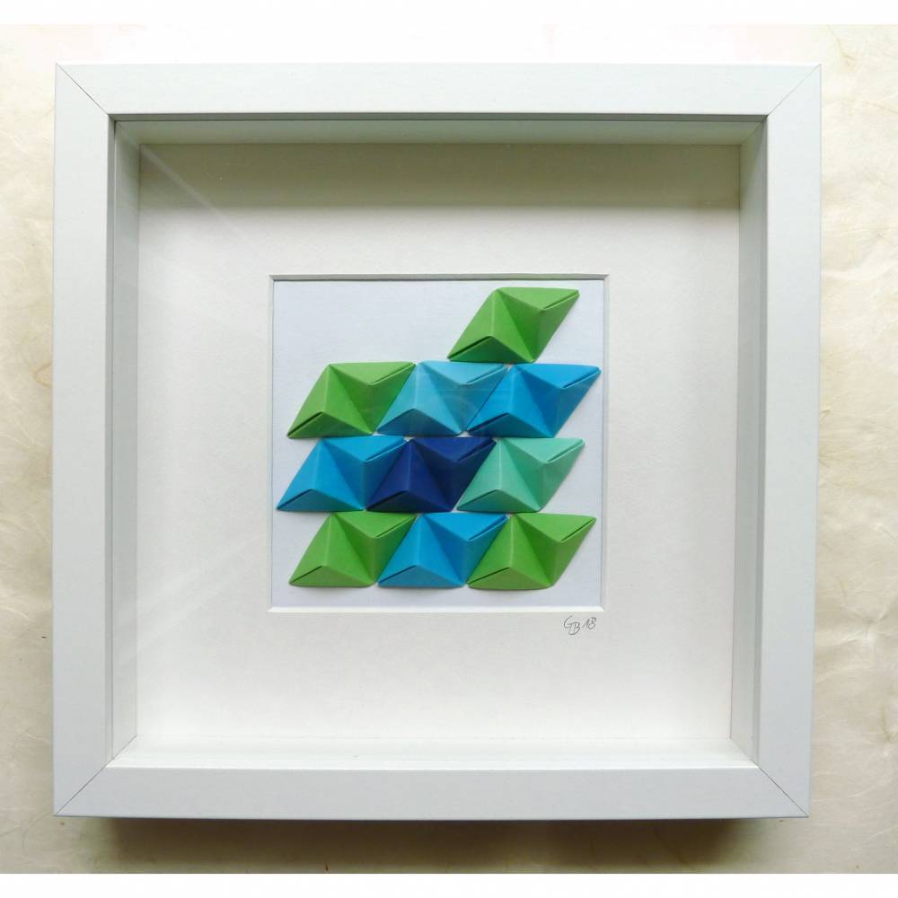 Grün-blaue Tetraeder // 3D-Bild aus Origami im Objektrahmen Bild 1