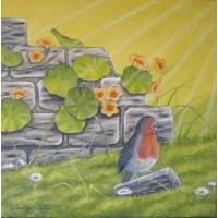 Acrylgemälde "Rotkehlchen vor der Gartenmauer" 60cmx60cm, Kunst Leinwand Bild Vogelmalerei Original Leinwand Bild 1