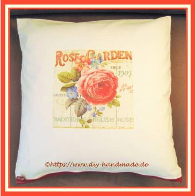 Nostalgische Kissenhülle 50x50 cm mit altenglischem Rosenmotiv, Unikat aus vintage Baumwolle, zero waste Geschenk