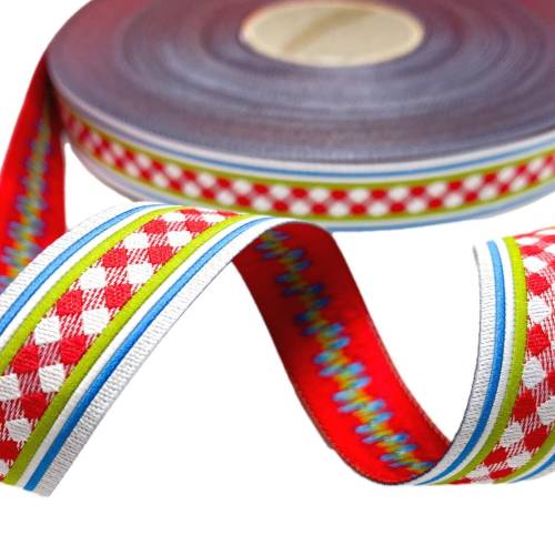 Webband Kar-O-Meter - 1m - 1,80 EUR/m - 15 mm - dunkelrot - farbenmix - Karoborte - Webband zum Nähen