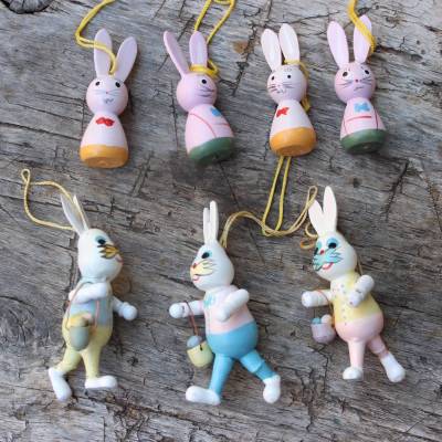 7 Osterhasen Holz pastellfarben Erzgebirge Handbemalt Vintage