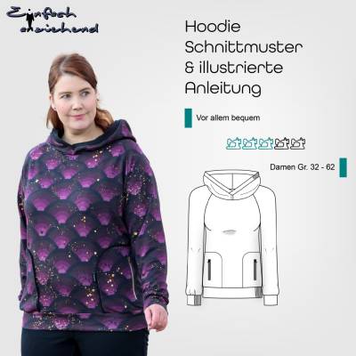 Schnittmuster Damen Hoodie Größe 32-62 mit Kapuze und Reißverschlusstaschen