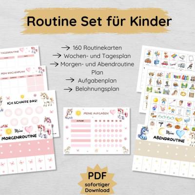 Einhorn Routine Set für Kinder mit 160 Routinekarten, Morgen- und Abendroutine Plan, Wochenplan, Belohnungsplan & mehr