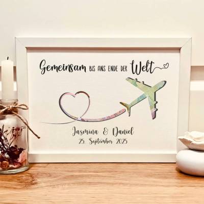 Personalisiertes Geldgeschenk zur Hochzeit – Hochzeitsgeschenk „Gemeinsam bis ans Ende der Welt“ im Bilderrahmen