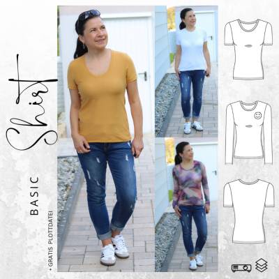 Ebook PDF Schnittmuster Damen BASIC Shirt Nr.1 Rundhals  Gr. 32-56 + gratis Plott