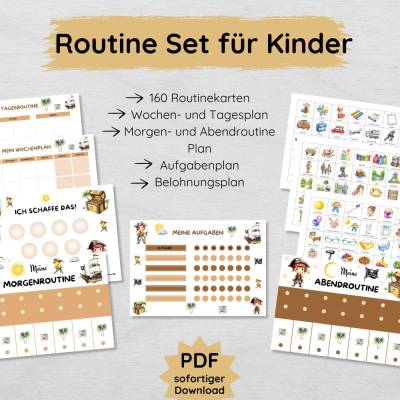 Piraten Routine Set für Kinder mit 160 Routinekarten, Morgen- und Abendroutine Plan, Wochenplan, Belohnungsplan & mehr