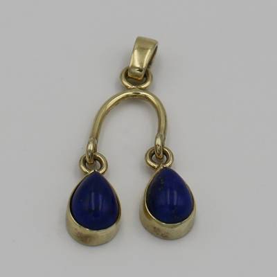 Lapislazuli Anhänger 585 Gold – Handgefertigtes Einzelstück, Kettenanhänger mit 2 Lapislazuli-Tropfen in 14K Gelbgold
