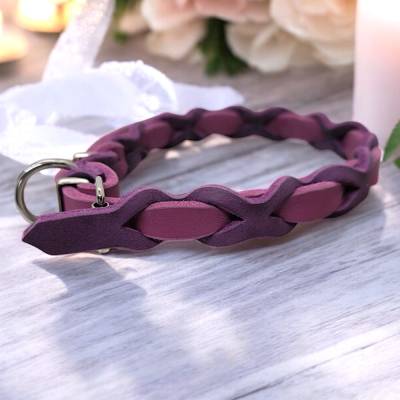 Hundehalsband aus Fettleder in lila und altrose mit Rollschnalle in Größe ca. 33 - 40 cm