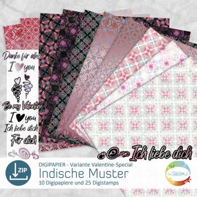 Digipapier indische Muster, Valentine-Special, Digistamp Liebe, Herz, Danke, Love, indisches Design von senSEASONal