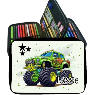 Federmäppchen Monster Truck mit Name personalisiert Junge Federmappe Federpenal Stiftemäppchen Geschenk