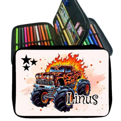 Federmäppchen Monster Truck mit Name personalisiert Junge Federmappe Federpenal Stiftemäppchen Geschenk