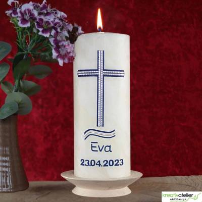 Konfirmationskerze aus Bienenwachs mit Kreuz und Wellen – Blau-Silber, handgefertigt