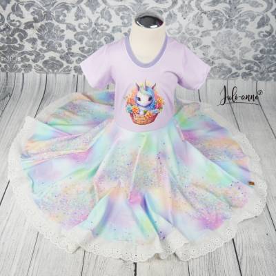 Drehkleid - Kleid mit Drehrock Einhorn im Blumenkorb Flieder #Einschulung