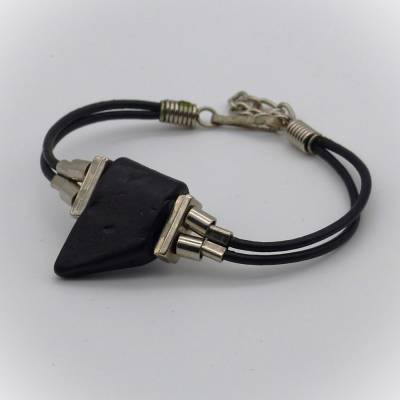 Lederarmband mit Keramikperle schwarz silber, 17+3 cm, Armschmuck