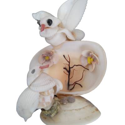 Vintage 80er Muschel-Dekoration – Zwei Tauben auf Muschel – Original, Unikat, sehr guter Zustand