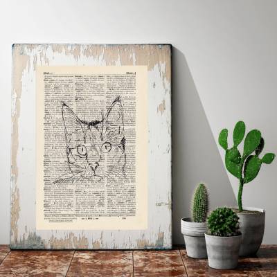 Katze Schnurri - Druck auf antiquarischer Buchseite / bedruckte Buchseite