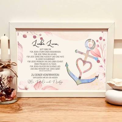 Personalisiertes Geldgeschenk zur Konfirmation im Bilderrahmen – Geschenk für Mädchen mit Anker-Motiv