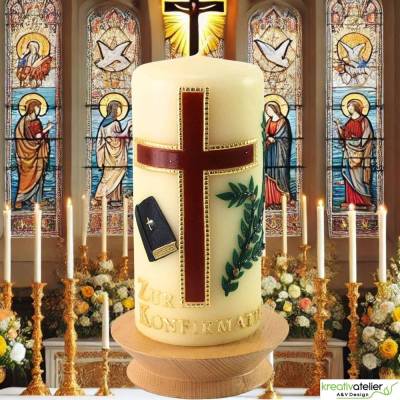 Konfirmationskerze in Elfenbein mit braunem Kreuz & Bibel – Optional mit Konfirmationsspruch