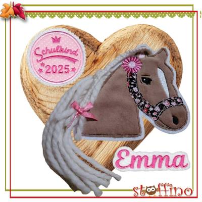 Süßes Pferde Applikations-Set zur Einschulung – 3D Button, Wollmähne & Wunschname für Schulkind 2025