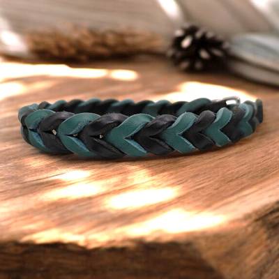 Hundehalsband aus Fettleder 2 farbig geflochten in türkis schwarz Größe ca. 38 - 43 cm