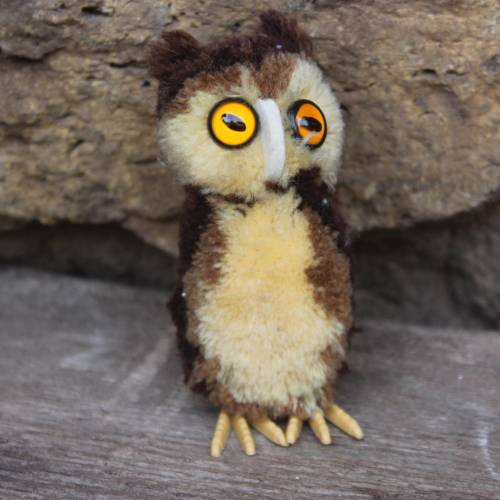 kleine STEIFF Wolle Eule Pompom 9 cm hoch ohne IDs 60er 70er Jahre