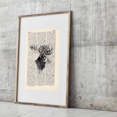 Hirsch No.2 - Druck auf antiquarischer Buchseite / bedruckte Buchseite