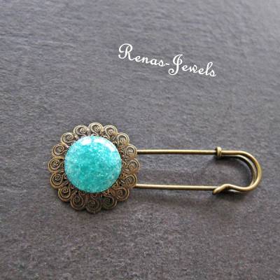 Ansteckbrosche türkisblau bronzefarben – Schmuckstein Brosche Eyecatcher