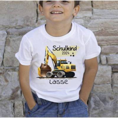 Schulkind T Shirt mit Namen personalisiert Bagger Junge Schulstart Geschenk Einschulung 
