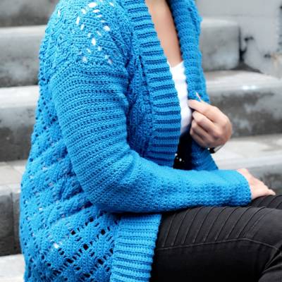 Häkelanleitung Cardigan/Strickjacke mit Rautenmuster und Kragen, Gr. XS-XXL