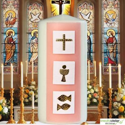 Konfirmationskerze mit drei weißen Kacheln & christlichen Symbolen – Elfenbein, personalisierbar
