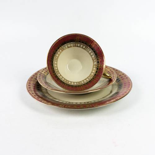 Sammeltasse, Kaffeetasse mit Untertasse und Kuchenteller, tolle graphische Muster, Vintage, deutsches Porzellan Bavaria