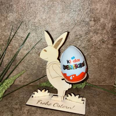 Laser Cut Vorlage süßer Osterhase mit Kinder Überraschungs-Ei, Osterei zum Bemalen, für Holz 3mm Lightburn SVG DXF AI