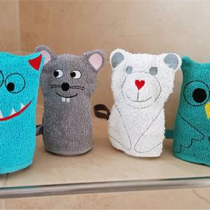 Stickdatei Waschlappen 4er Set  13 cm x 18 cm, Maus, Bär, Eule, Monster Bild 1