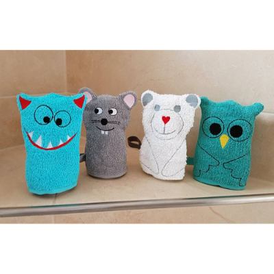 Stickdatei Waschlappen 4er Set  13 cm x 18 cm, Maus, Bär, Eule, Monster