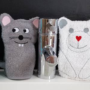 Stickdatei Waschlappen 4er Set  13 cm x 18 cm, Maus, Bär, Eule, Monster Bild 2