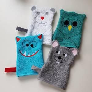 Stickdatei Waschlappen 4er Set  13 cm x 18 cm, Maus, Bär, Eule, Monster Bild 7