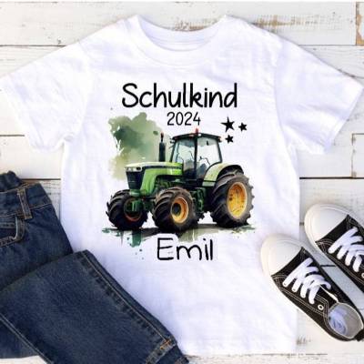 Schulkind T Shirt mit Namen personalisiert Traktor Junge Schulstart Geschenk Einschulung 