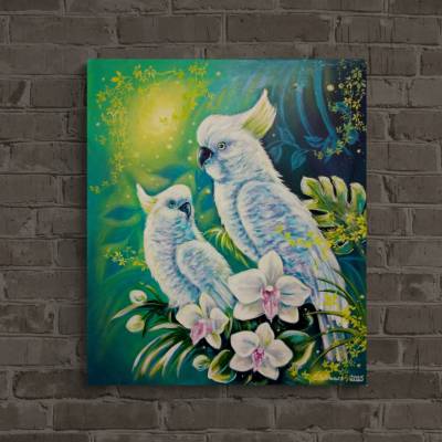 „Kakadus im Mondlicht“ – Handgemaltes Acrylgemälde auf Leinwand – 60x70cm – Einzigartiges Kunstwerk