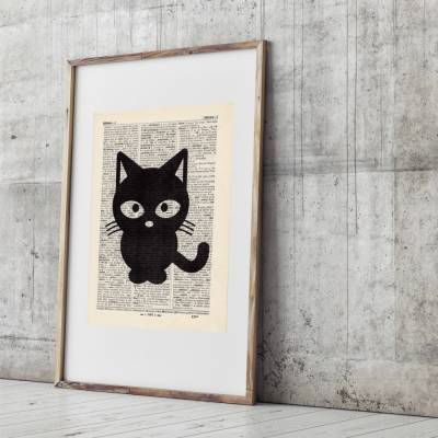 Katze Miau - Druck auf antiquarischer Buchseite / bedruckte Buchseite