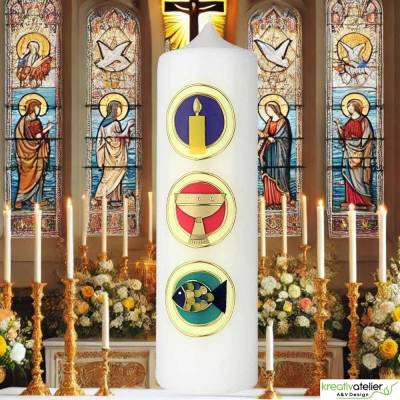 Konfirmationskerze Markus – Weiße Kerze mit drei Kacheln und christlichen Symbolen Licht, Kelch und Fisch