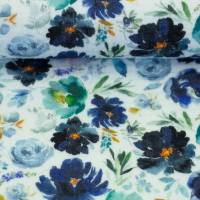 Musselin Blumenmuster in blau und smaragd auf weiß, Thea Swafing Stoffe Bild 1