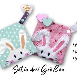 Stickdatei Schmusetuch Hase ITH drei Größen, Baby, Schmusetuch, Kuscheltuch, Schnuffeltuch, Stickmuster, Hase, Schnuller Bild 1