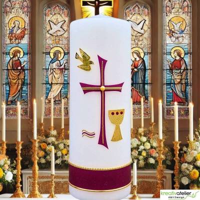 Konfirmationskerze mit byzantinischem Kreuz, Taube, Wellen & Kelch – Weiß, personalisierbar