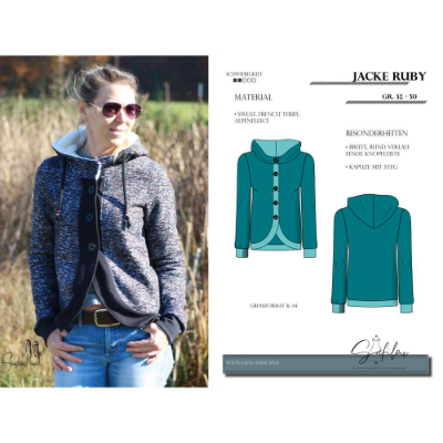 PDF-Schnittmuster Jacke Ruby (Gr. 32-50)Modische Jacke mit breiter, rund verlaufender Knopfleiste und praktischer Kapuze