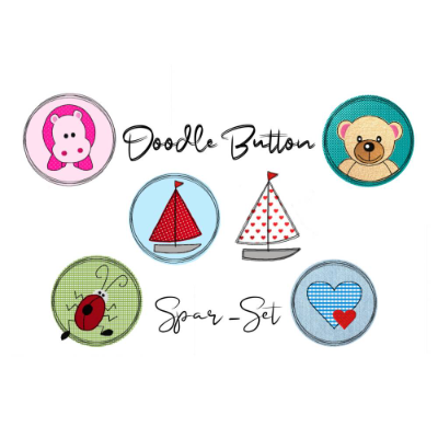 Stickdatei Doodle Button Spar-Set - Rahmen ab 10 cm x 10 cm, Herz, Boot, Bär, Nilpferd, Käfer, Applikation