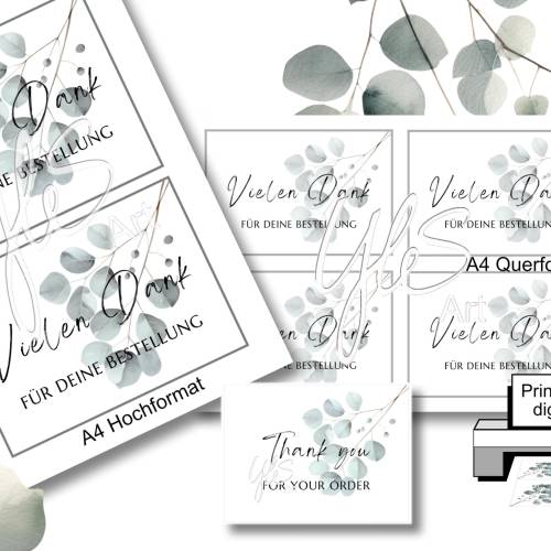 Dankeskarte für Bestellungen, digitaler Sofortdownload, Paketbeilage, selbst ausdrucken, deutsch und englisch
