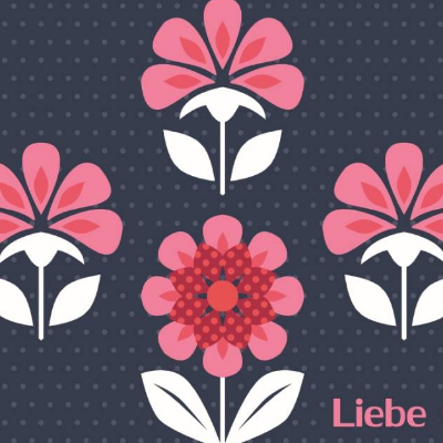 Postkarte Liebe Grüße, 10 Grußkarten Palmette-Blüten, mit stilisierten Retroblumen Rosa/Rot auf Dunkelblau