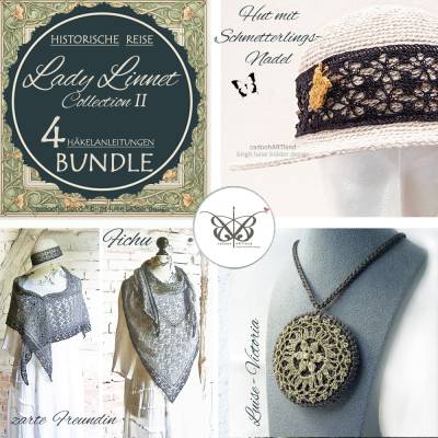 Bundle 2, die Historische Reise - Sparpaket mit 4 Häkelanleitungen – Hut, Hutnadel, Kette und Fichu-Tuch